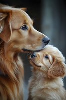 Golden retriever mother and puppy together, showing affection and bonding. Warm tones with soft focus background ideal for pet care, family, and animal companionship themes.