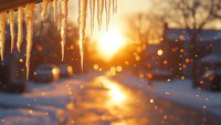 Glowing icicles hanging against golden winter sunset with bokeh lights and snow reflections creating magical atmospheric winter scene for seasonal designs.