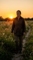 Middle-aged Caucasian woman farmer standing on rural path during golden hour sunset wearing work jacket surrounded by wildflowers and countryside landscape.