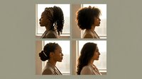 African American woman profile portraits showcasing diverse natural hairstyles in minimalist white frames for beauty and hair care concepts.