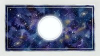 Watercolor night sky with glowing full moon, stars, and galaxy nebula in deep blue and purple tones, framed border, copy space for text.