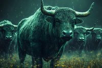 Powerful black bull with long horns standing in misty field at dawn, dramatic teal toned atmospheric nature scene with herd of cattle in background.