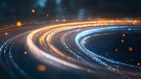 Glowing curved light trails with orange and blue streaks against dark background create dynamic motion effect with floating bokeh particles.