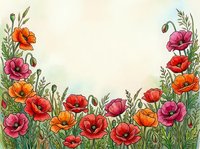 Watercolor poppy flowers border frame with vibrant red, orange and pink blooms on light background, copy space for text or greeting card design.