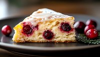 Fresh cranberry cake slice with white glaze icing on dark plate, close up view of moist holiday dessert with whole berries and pine garnish.