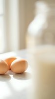 Fresh brown eggs on white kitchen counter with soft natural lighting and blurred background for cooking and baking concepts.