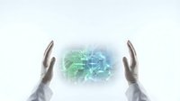 Hands holding digital technology circuit board hologram with green and blue light effects on white background.