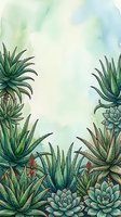 Watercolor succulent plants frame with soft green and blue tones creating natural botanical border for wedding invitations and greeting cards.