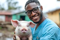 Young African American male veterinarian in blue scrubs holding pink piglet, displaying genuine smile while providing animal care at farm setting, expressing joy and professional dedication.