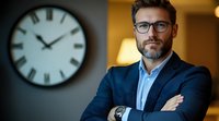 Confident Caucasian businessman with glasses and beard wearing navy suit stands with arms crossed in office, large wall clock and warm lighting in background.