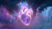 Glowing anatomical heart with electric energy floating in cosmic purple clouds, concept of life force and spiritual connection.