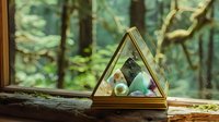 Glass pyramid terrarium with healing crystals and minerals on wooden windowsill against blurred green forest background creates mystical atmosphere.