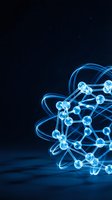 Glowing blue molecular structure with atomic orbits on dark background, representing science, nanotechnology, and quantum physics concepts.