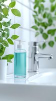 Turquoise liquid soap dispenser on white bathroom counter with chrome faucet and green plant leaves creating fresh, clean atmosphere for hygiene concepts.