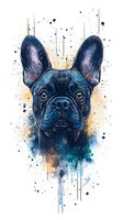 Artistic watercolor portrait of French Bulldog with expressive eyes against abstract splatter background in blue and turquoise tones. Isolated on white background.
