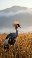 Elegant grey crowned crane with golden crest standing in tall grass field with misty mountains in background during golden hour sunrise or sunset.