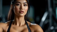 Young Asian woman with confident expression wearing black sports top during workout at gym, dramatic lighting emphasizes determined athletic look and natural makeup.