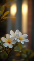 White plumeria flowers bloom against soft bokeh background, yellow center petals create gentle contrast with warm evening lighting and green foliage.
