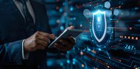 Businessman using digital tablet with glowing cybersecurity shield hologram, representing data protection and information security in modern business technology environment.