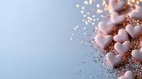 Pink heart shaped candies scattered with rose gold glitter on soft blue background, romantic festive composition for Valentine's day celebrations and love themes.