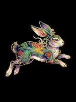 Ornate decorative rabbit with vibrant floral patterns, gold accents, and jewel tones isolated on transparent background. Ready for t-shirts, stickers, and print-on-demand designs.