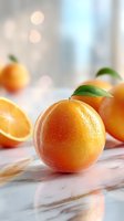 Fresh ripe oranges with green leaves on marble surface against light bokeh background, close-up view showing detailed citrus texture and natural lighting.