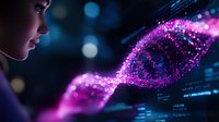 Young Asian woman examining glowing purple DNA helix hologram with digital data visualization in dark laboratory environment with bokeh lights.