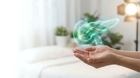 Hands holding glowing green energy wave in modern home interior for wellness and healing concepts.