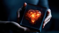 Glowing digital heart shape displayed on tablet screen held in hands against dark background, symbolizing digital love and technology connection.