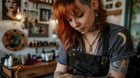 Young female barista with red hair, tattoos, and alternative style working in cozy coffee shop interior with warm lighting and rustic decor.
