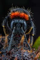 Extreme macro portrait of wild bee with distinctive orange-red mohawk-like hair and large compound eyes against dark background, showing intricate facial details.