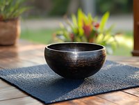 Handcrafted dark wooden bowl with decorative rim on textured placemat, outdoor dining setup with tropical plants in background for kitchen decor.