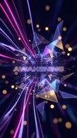 Futuristic digital explosion with neon pink and blue light rays, geometric shapes, and golden bokeh particles radiating from center text on dark background. Suitable for tech, innovation, and transformation concepts.