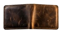 Vintage brown leather bifold wallet open, showing worn texture and handstitched edges, isolated on white background.