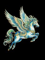 Ornate winged horse with blue and gold decorative details, isolated on transparent background. Ready for t-shirts, stickers, clipart, sublimation, and print-on-demand designs.