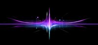 Glowing purple and blue sound wave pulse with light effects on black background, digital audio visualization for music and technology designs.
