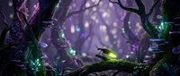 Enchanted forest scene with glowing magical lights and mystical atmosphere. Fantasy woodland environment with luminous orbs and ethereal purple lighting effects.