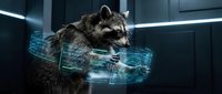 Raccoon using futuristic holographic interface technology in modern laboratory setting with blue digital displays and advanced scientific equipment.