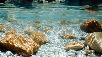 Underwater view of sunlit rocks through crystal clear turquoise water with rippling surface and light patterns creating natural aquatic tranquility. Perfect for nature backgrounds.