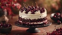 Decadent black forest cake topped with fresh cherries and whipped cream on dark cake stand against rustic background, moody food photography style.