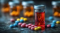 Medical vial with red liquid surrounded by colorful pharmaceutical pills and tablets on dark textured surface, dramatic lighting creates reflective glow.