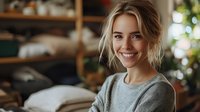 Young Caucasian woman with blonde hair in casual grey sweater smiling warmly at home. Natural lighting, soft bokeh background with indoor plants creates cozy atmosphere.