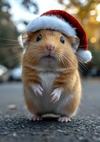 Adorable golden hamster wearing red Santa hat standing upright on ground with bokeh background, festive holiday pet portrait capturing cute expression and paws.