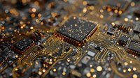 Close-up macro view of computer circuit board with microchip processor and electronic components. Golden circuit traces and warm lighting create tech atmosphere.