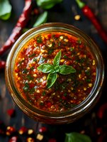 Spicy chili oil sauce with herbs and red pepper flakes in glass jar, homemade condiment for cooking and seasoning dishes.