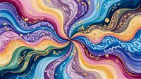 Vibrant swirling abstract waves in rainbow colors with ornate decorative patterns flowing in dynamic spiral motion creating psychedelic artistic background.