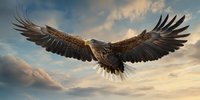 Majestic bald eagle with outstretched wings soaring against dramatic sunset sky with clouds, symbolizing freedom, power, and American wildlife.