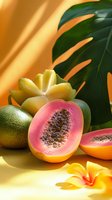 Tropical fruit composition with sliced papaya, star fruit, and monstera leaf against warm golden background. Perfect for food marketing.