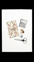 Vintage sewing kit with floral fabric wrap, metal scissors, thread spool, thimble, and sewing needles in case. Isolated on transparent background, ready for t-shirts, clipart, stickers, and print-on-demand designs.