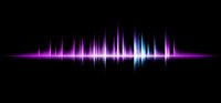 Glowing purple and blue sound wave visualization on black background, digital audio spectrum display for music production and sound engineering.